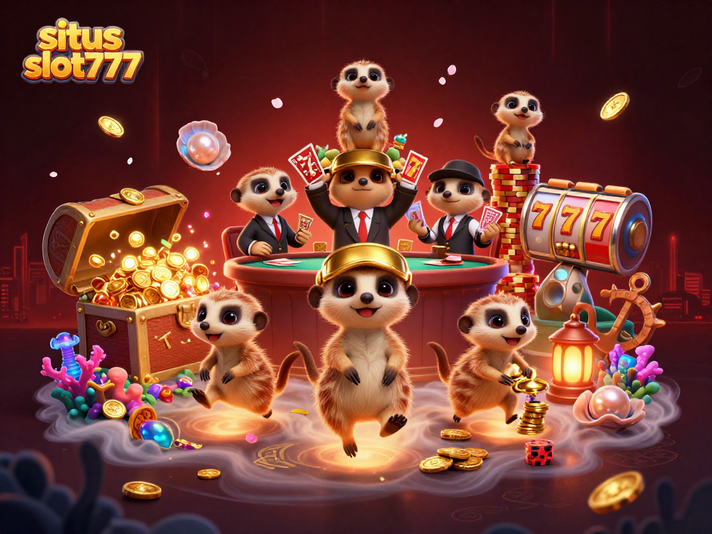Situs slot777 showcases a vibrant 3D meerkat casino scene with dynamic slot game elements and treasure.