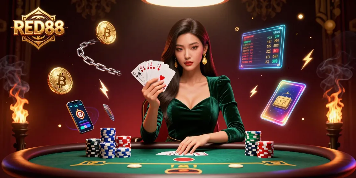 Experience unmatched strategy and excitement at RED88 with a beautiful Asian woman playing poker at an upscale casino table.