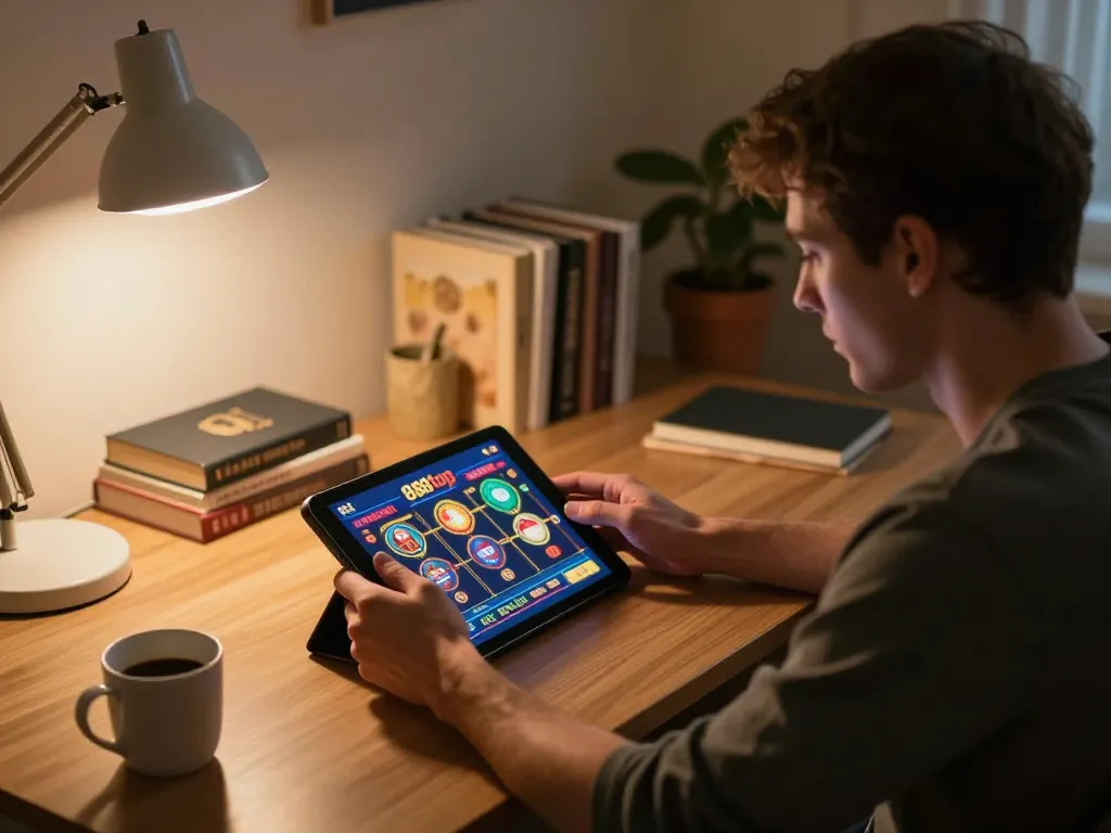 Player engages with 888top online casino gaming app on tablet in a cozy home office