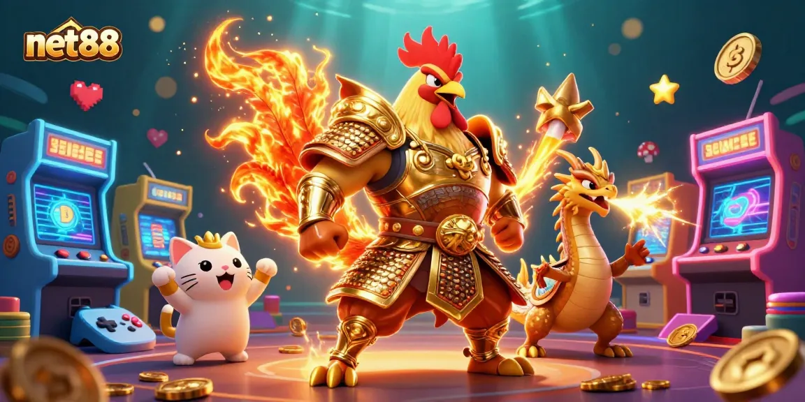 Experience the excitement of net88 with a fierce rooster warrior and a dragon hatchling in a vibrant casino scene.