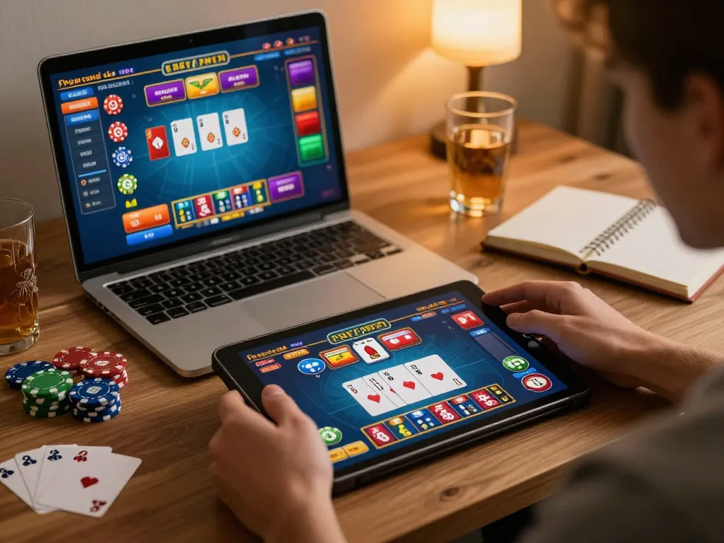 Person engaged in online casino gaming at home with 789win tablet interface visible, showcasing chips and cards