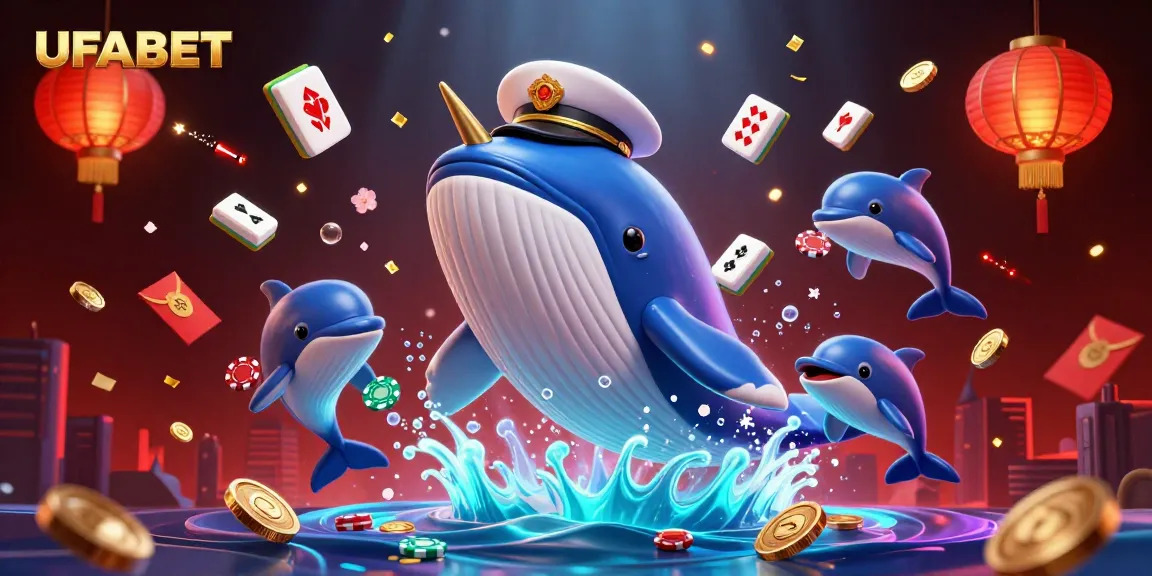 Experience thrilling action at UFABET with a vibrant 3D casino scene featuring whales, dolphins, and poker elements.