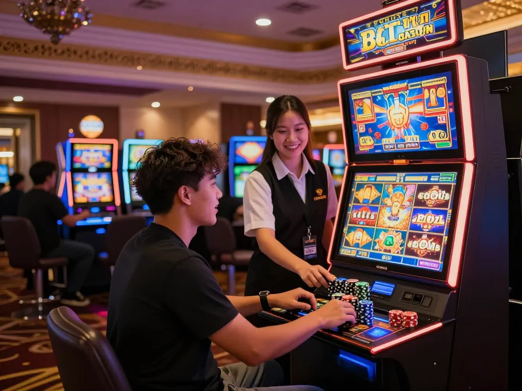 Pemain bersemangat di kasino menikmati pengalaman slot gacor hari ini dengan grafik yang hidup dan chip berwarna-warni.