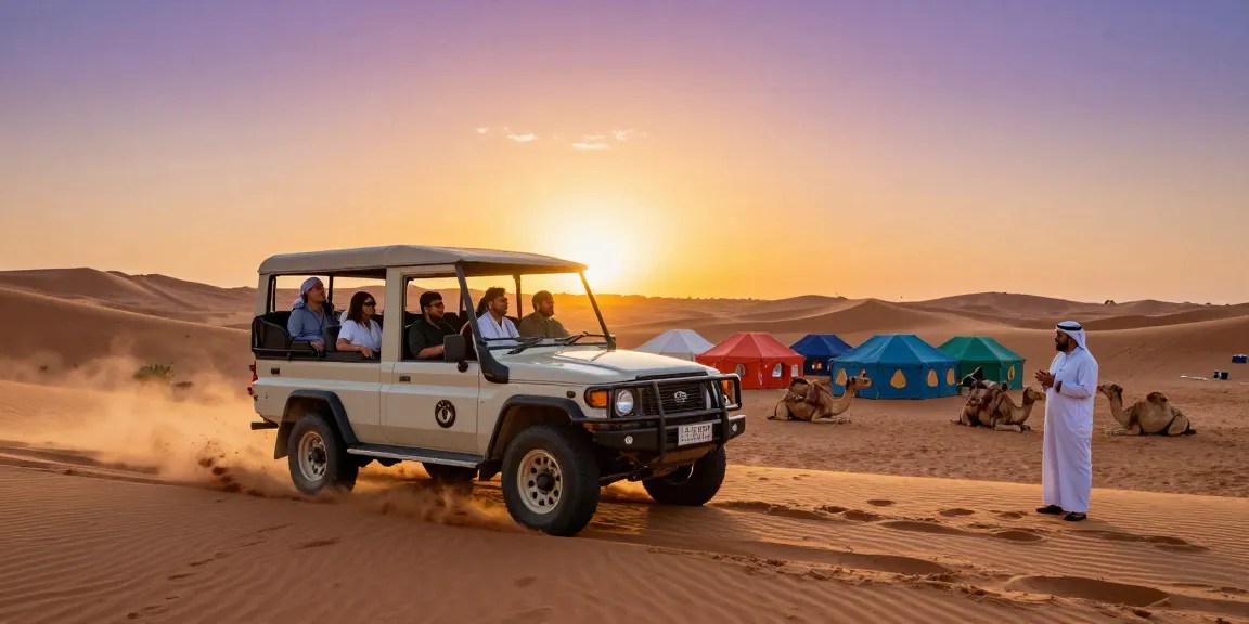 Travelers enjoying a thrilling desert safari ride through the sandy dunes, experiencing the excitement of adventure.