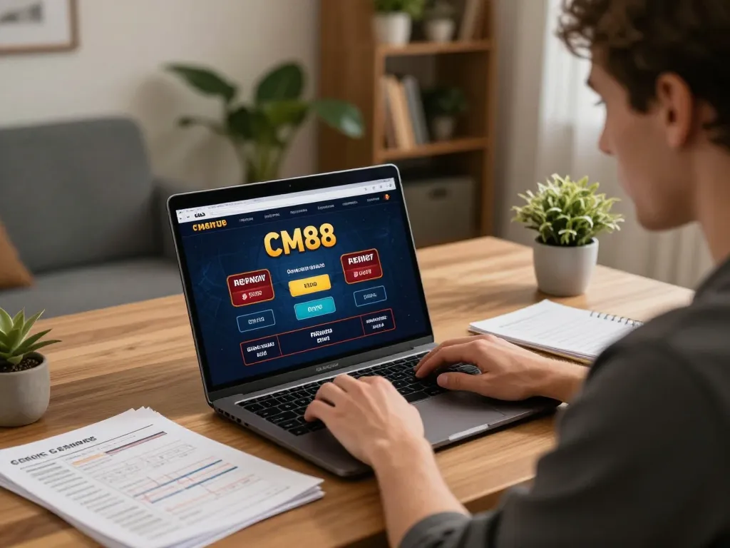 Player engaging with nhà cái cm88 online casino app at home, showcasing strategy and relaxed entertainment atmosphere.