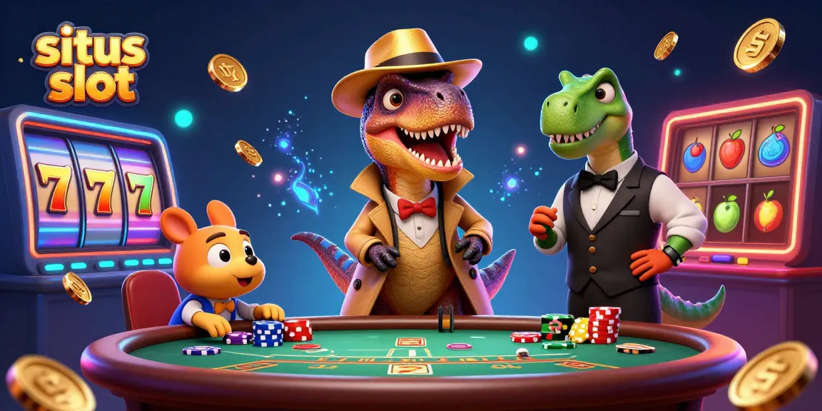 Menyambut kemenangan di situs slot dengan slot reels, karakter dinosaurus, dan banyak koin emas.