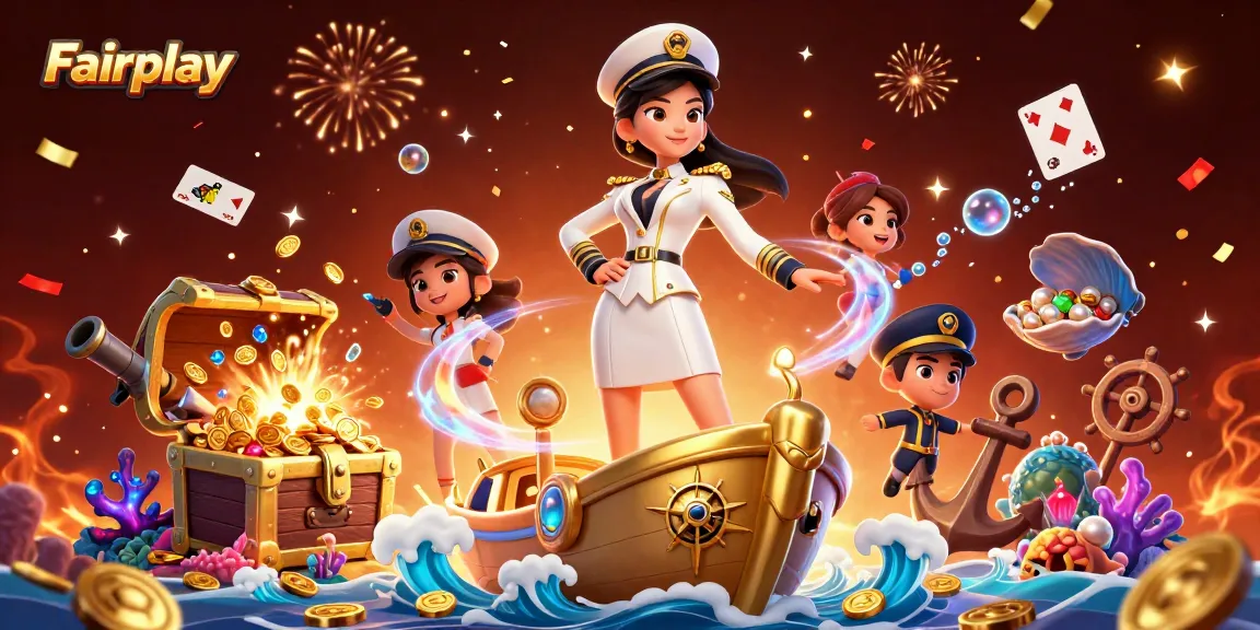 Experience Fairplay in a vibrant casino scene with golden coins, cards, and festive elements.