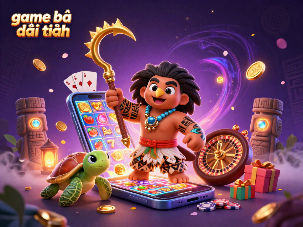 Experience thrilling game bài đổi thưởng action with vibrant 3D characters and casino elements in a dynamic illustration.