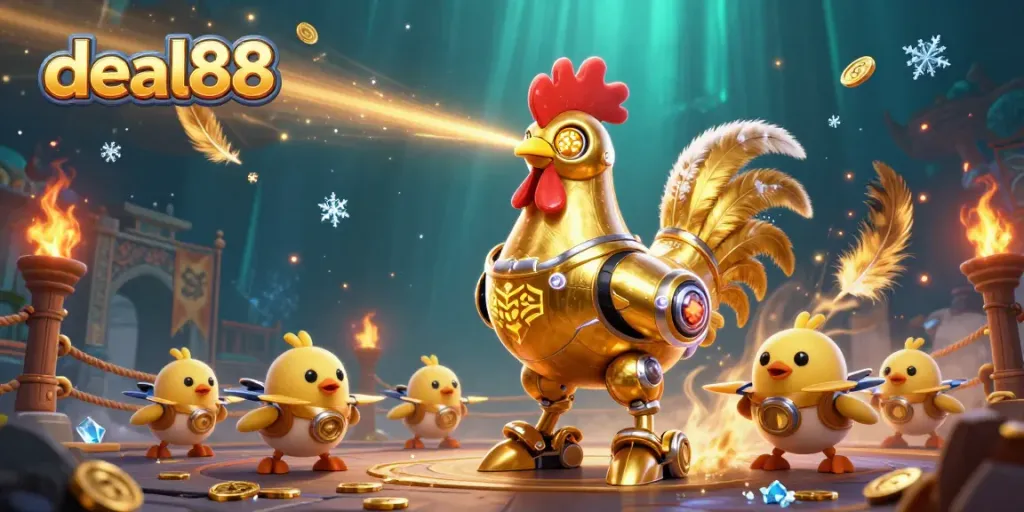Engage in thrilling casino adventures with deal88, featuring a glowing rooster robot and dynamic gaming elements.