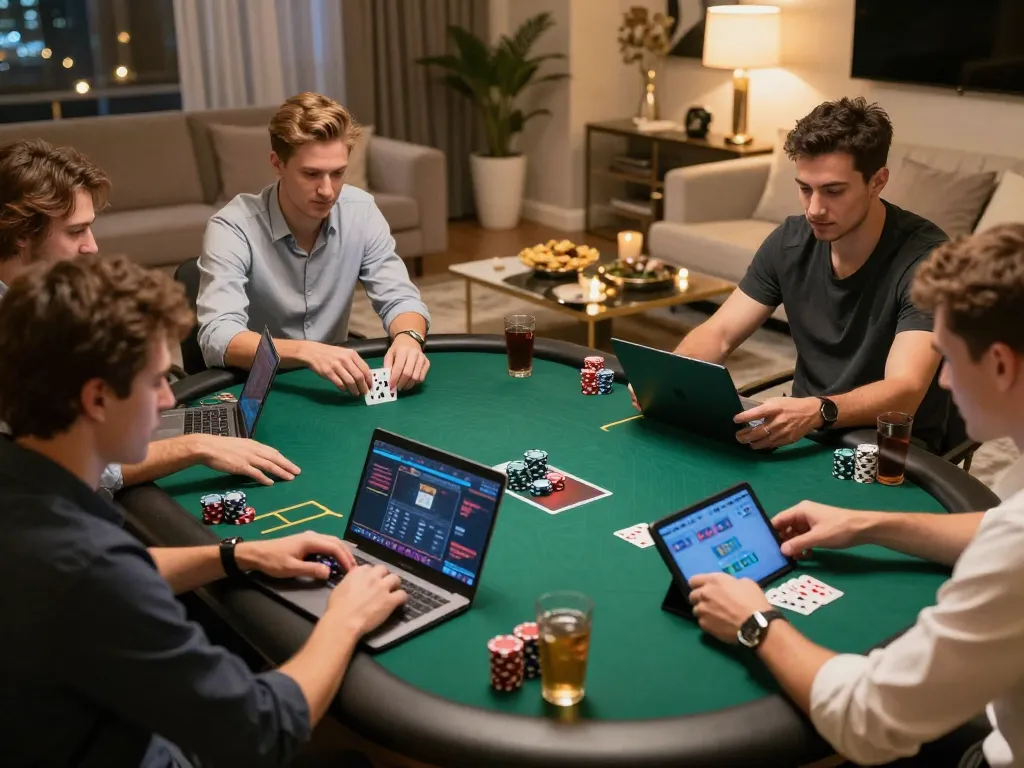 Players enjoying an exciting online poker game with 77WIN, focusing on strategy and skill in a cozy atmosphere.