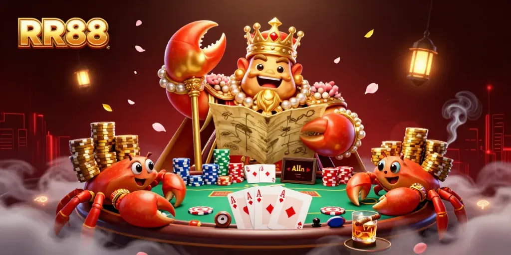 RR88 offers a vibrant scene of a golden crab emperor presiding over a poker table, highlighting exciting gaming moments.