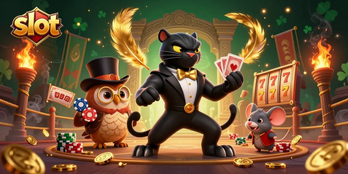 Slot menarik dengan panther 3D berjas mengocok kartu, hantu dengan chip poker, dan tikus keberuntungan di tumpukan chip.
