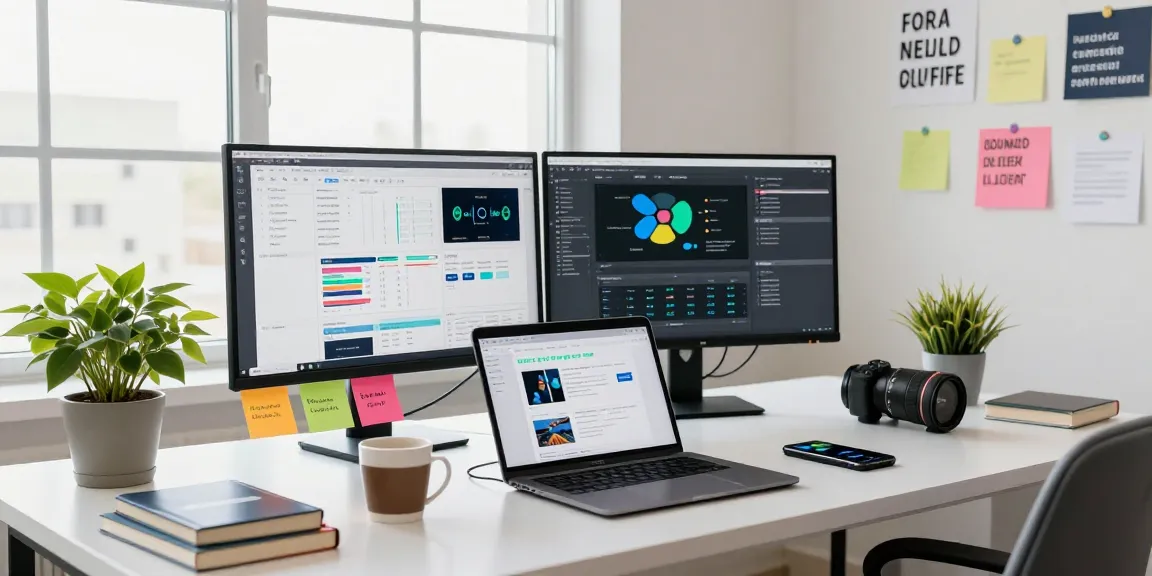 Content marketer analyzing strategies on multiple screens for link resmi optimization in modern workspace.