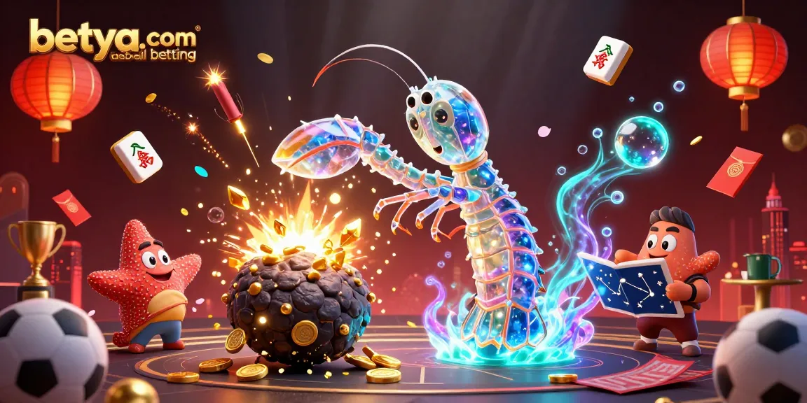 Engage in betya.com baseball betting with a vibrant 3D illustration of a samurai mantis shrimp amidst dynamic sports elements.