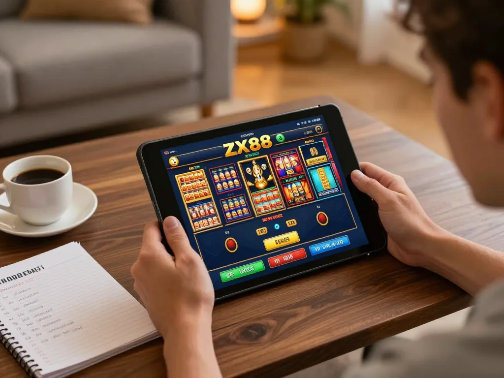 Person engaging with the ZX88 app for dynamic online gaming experience in a cozy setting