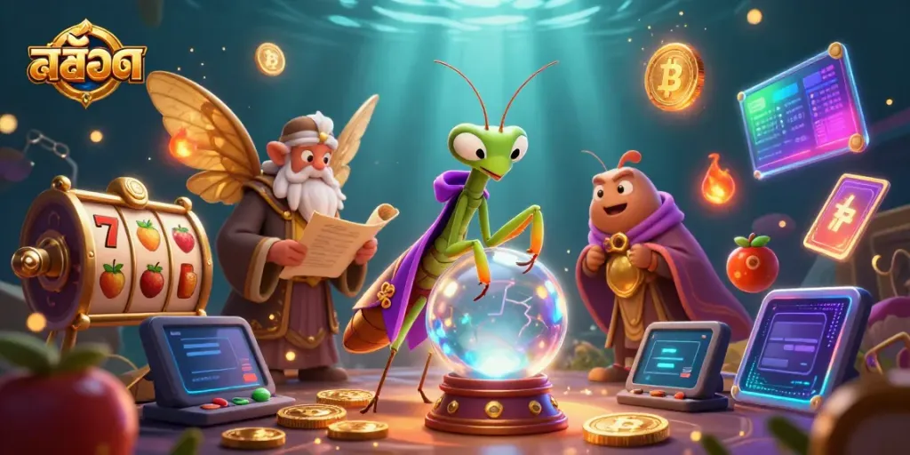 Play engaging สล็อต games with vibrant casino elements featuring lucky symbols and crypto coins.