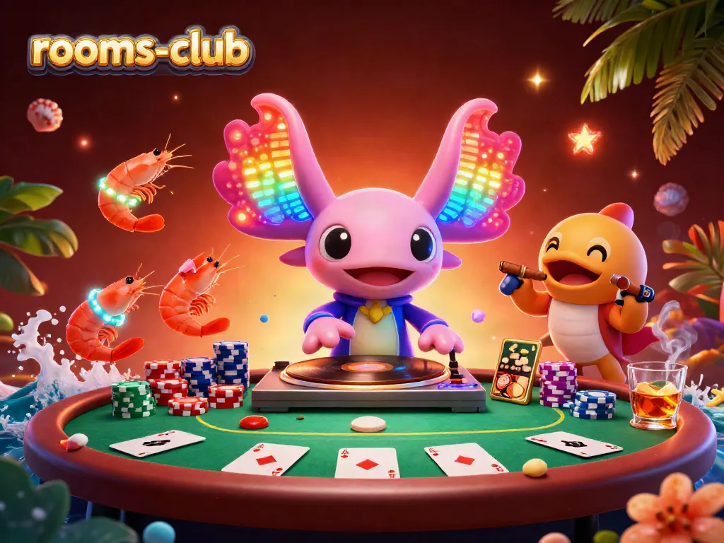 Permainan menarik di rooms-club dengan DJ axolotl neon dan para penari udang, menambahkan semangat kasino.