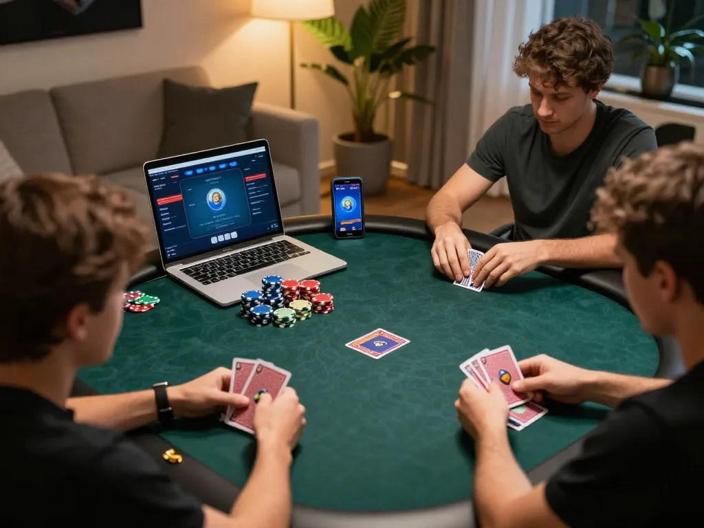 Players strategizing in an online poker game at home with valuable insights from hm88 platform