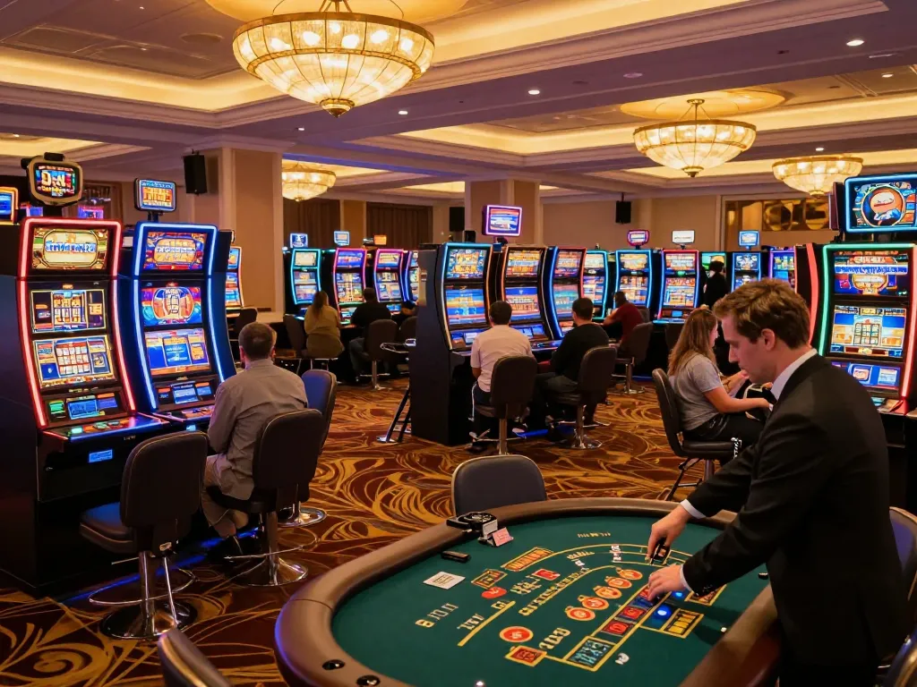 Dynamic scene in a casino showcasing players engaged at slot machines with m114 options available, highlighting excitement and vibrant atmosphere.