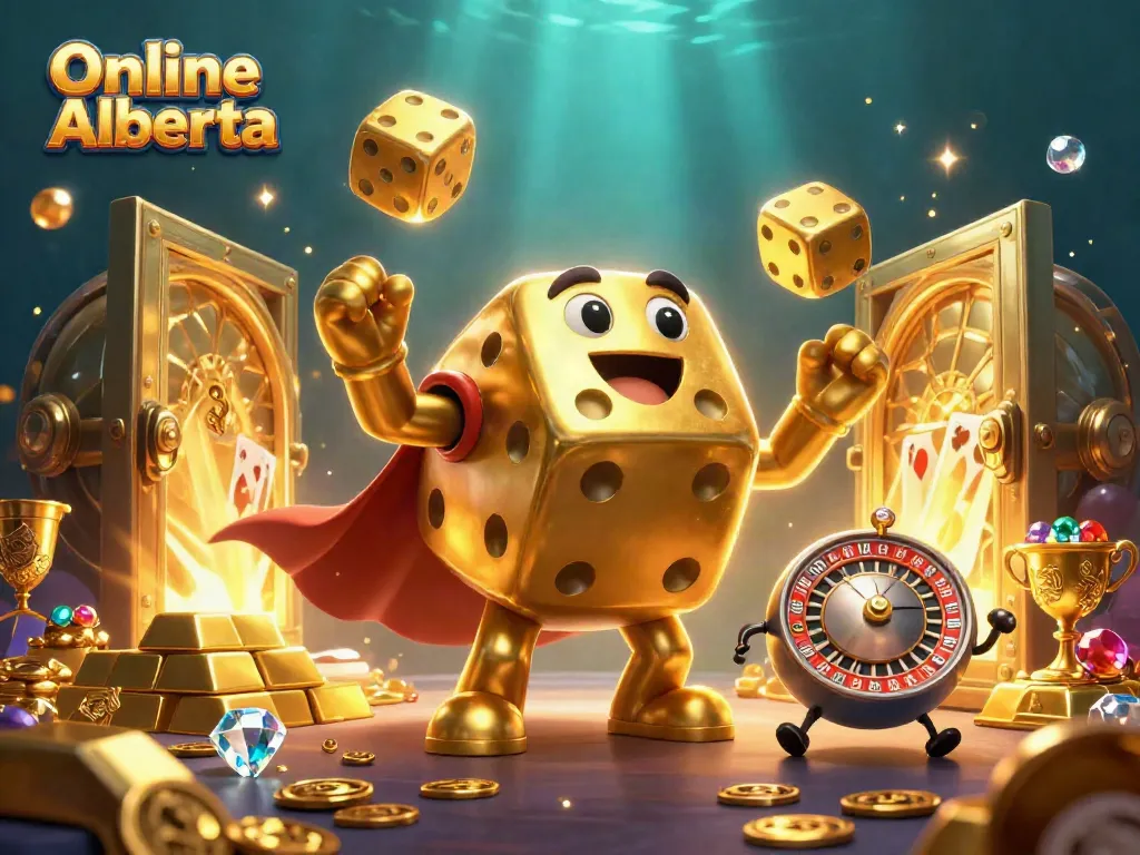 Join the excitement of Online Casino Alberta with cartoon-style golden dice and vibrant treasures!