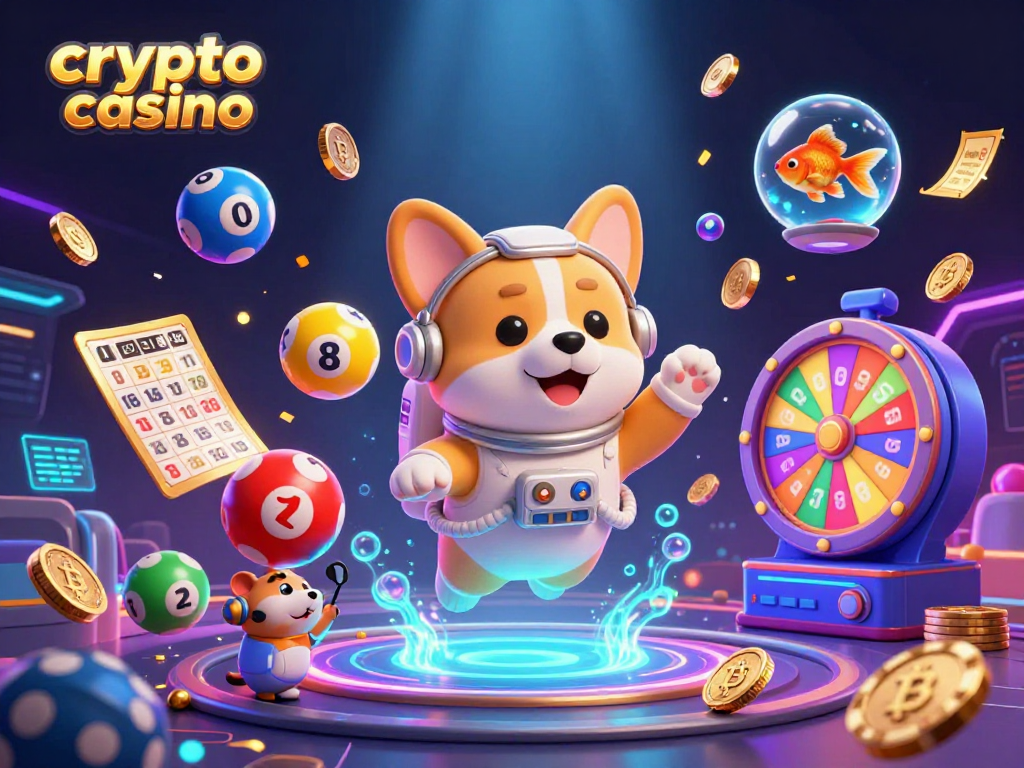Engage with a dynamic crypto casino scene featuring a cartoon corgi and fun elements.