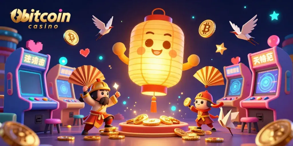 Experience thrilling action at a bitcoin casino with vibrant gaming elements and crypto coins in a dynamic scene.