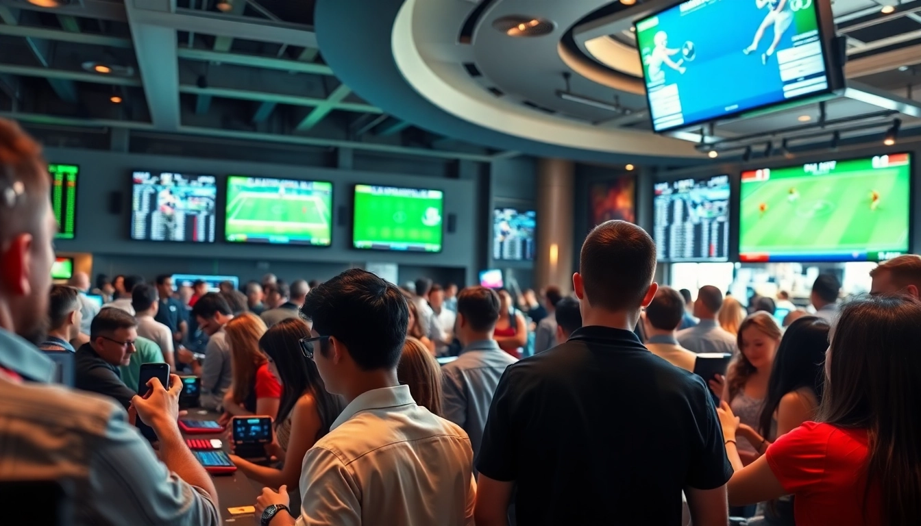 Engage in Sports Betting at a vibrant sportsbook environment with enthusiastic bettors and live odds.