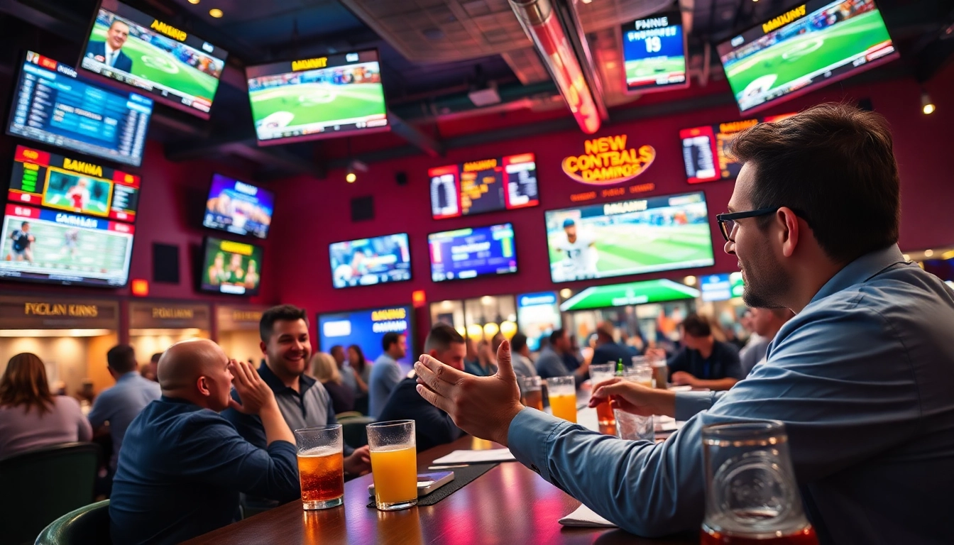 Engage in online Betting at a vibrant sports bar with screens showing games.