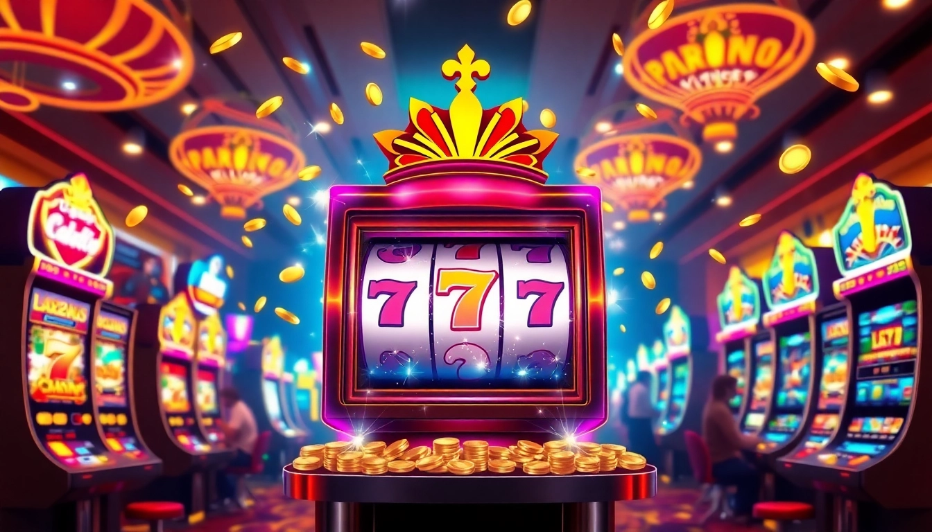 Slot Game yang menarik dengan mesin slot yang berkilau dan koin berkilauan di sekitarnya.