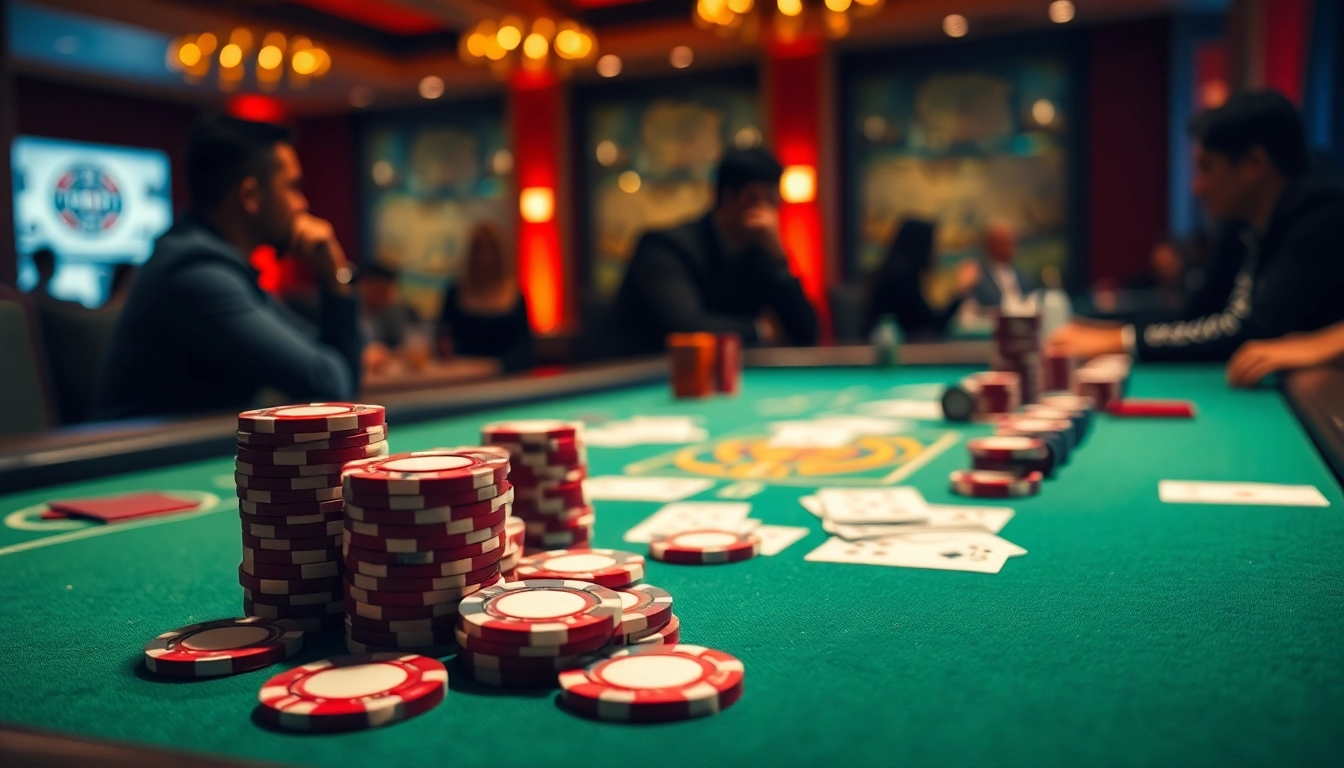 Engaging poker game setup with chips and cards on a finely designed table, illustrating the essence of strategy.