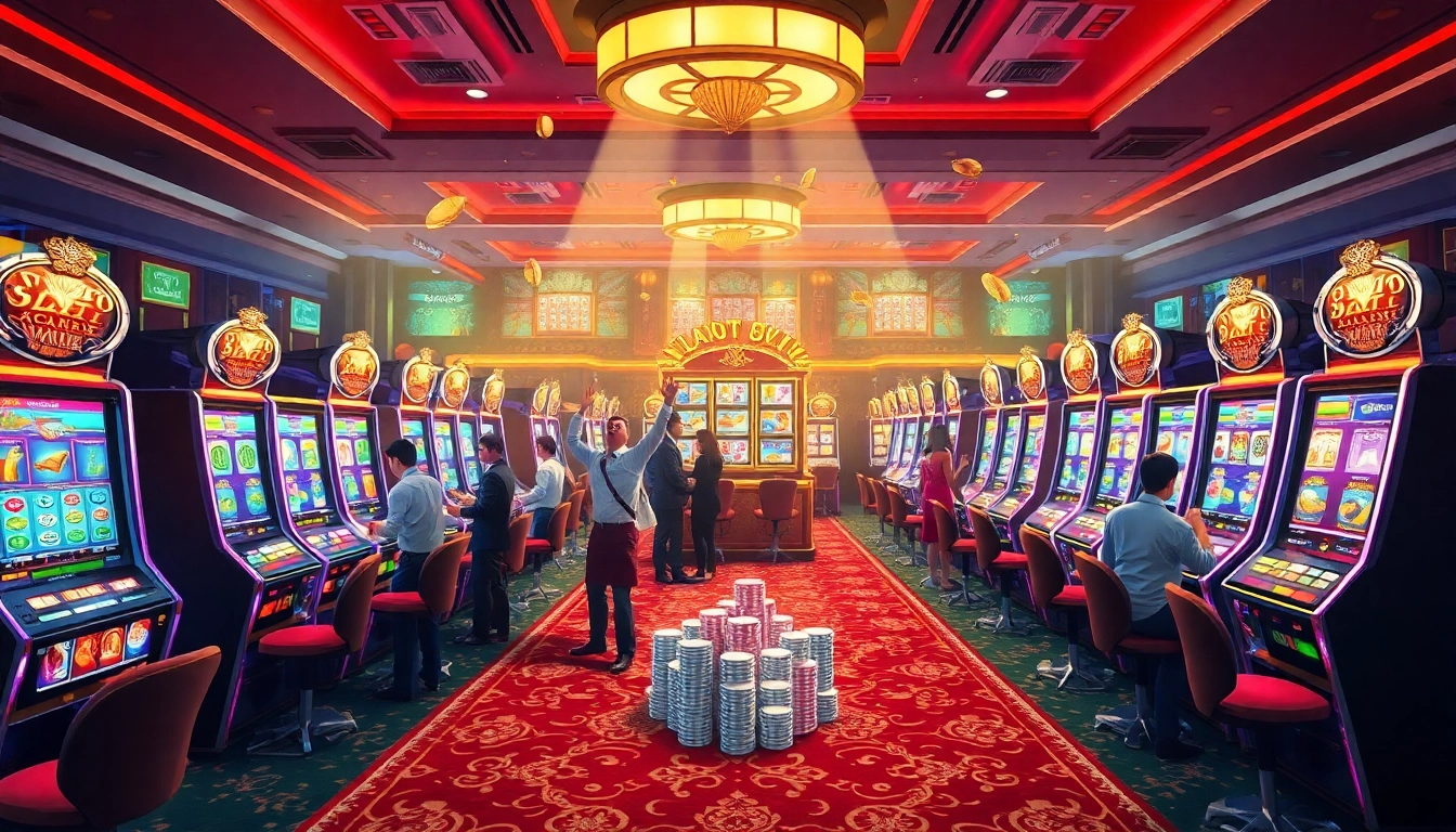 Situs slot gacor players celebrating wins at a luxurious casino slot machine area.