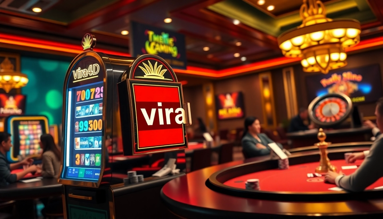 Players enjoying thrilling games at a viral4d slot machine, surrounded by excitement in a luxurious casino.