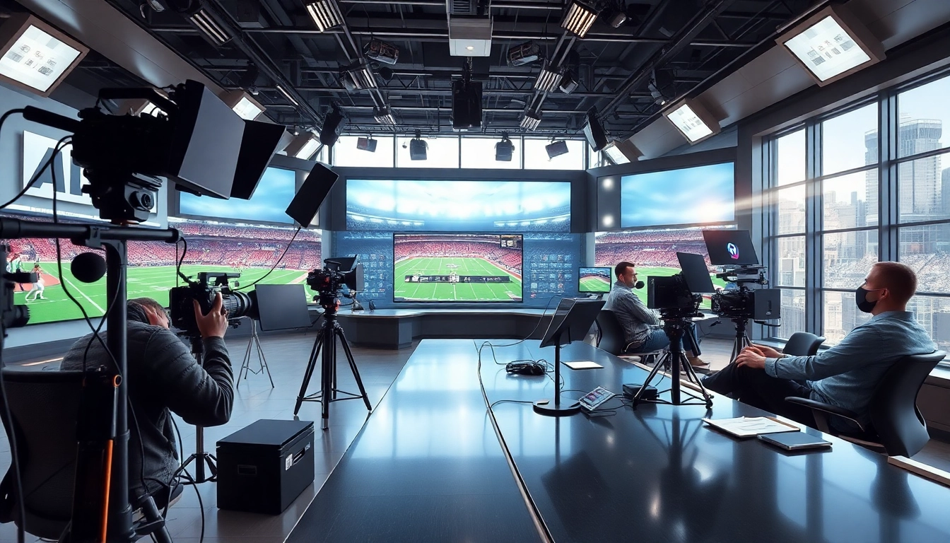 Engaging scene of sports broadcasting with professionals reporting live events.