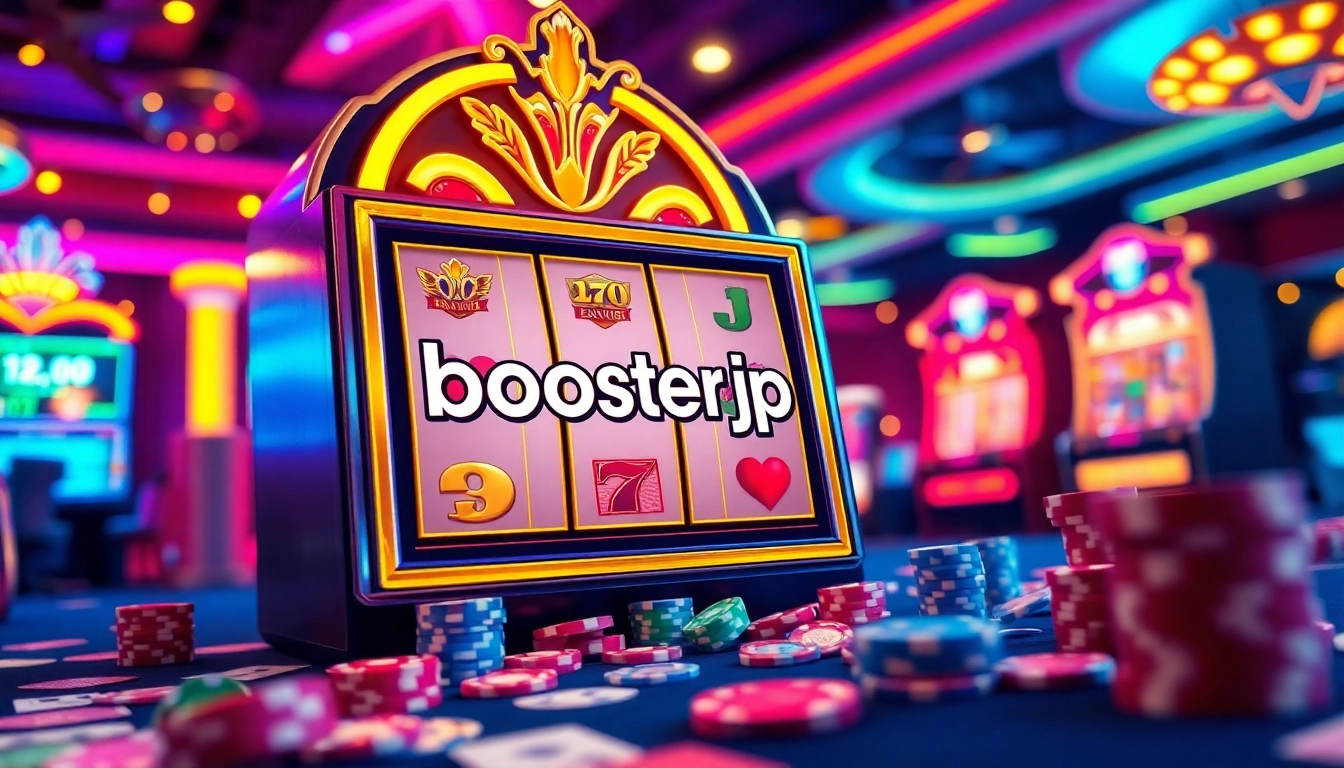 Enjoy playing the immersive boosterjp slot online, surrounded by colorful poker chips and neon lights.