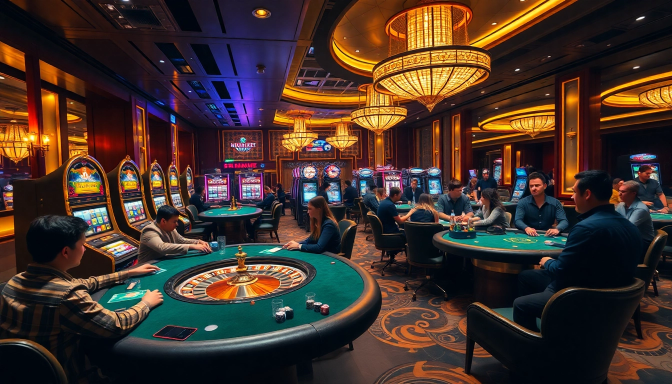 Experience excitement at luxury138 with players enjoying poker and slots in a lavish casino.