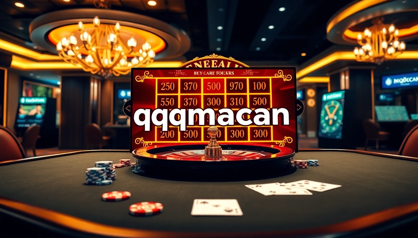 Experience thrilling gaming at qqmacan with a stylish casino table featuring slot machines and cards.