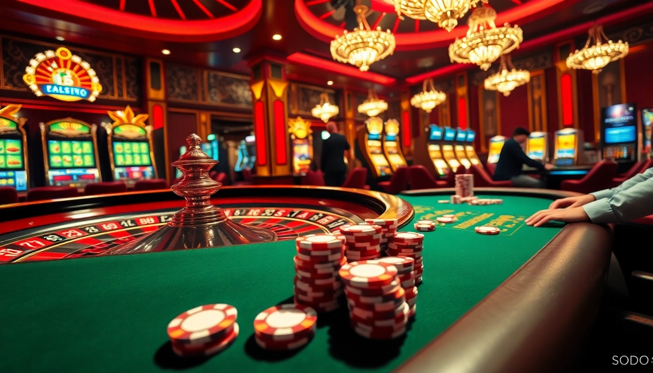 SODO casino scene depicting thrilling roulette action with lively players and vibrant slot machines.