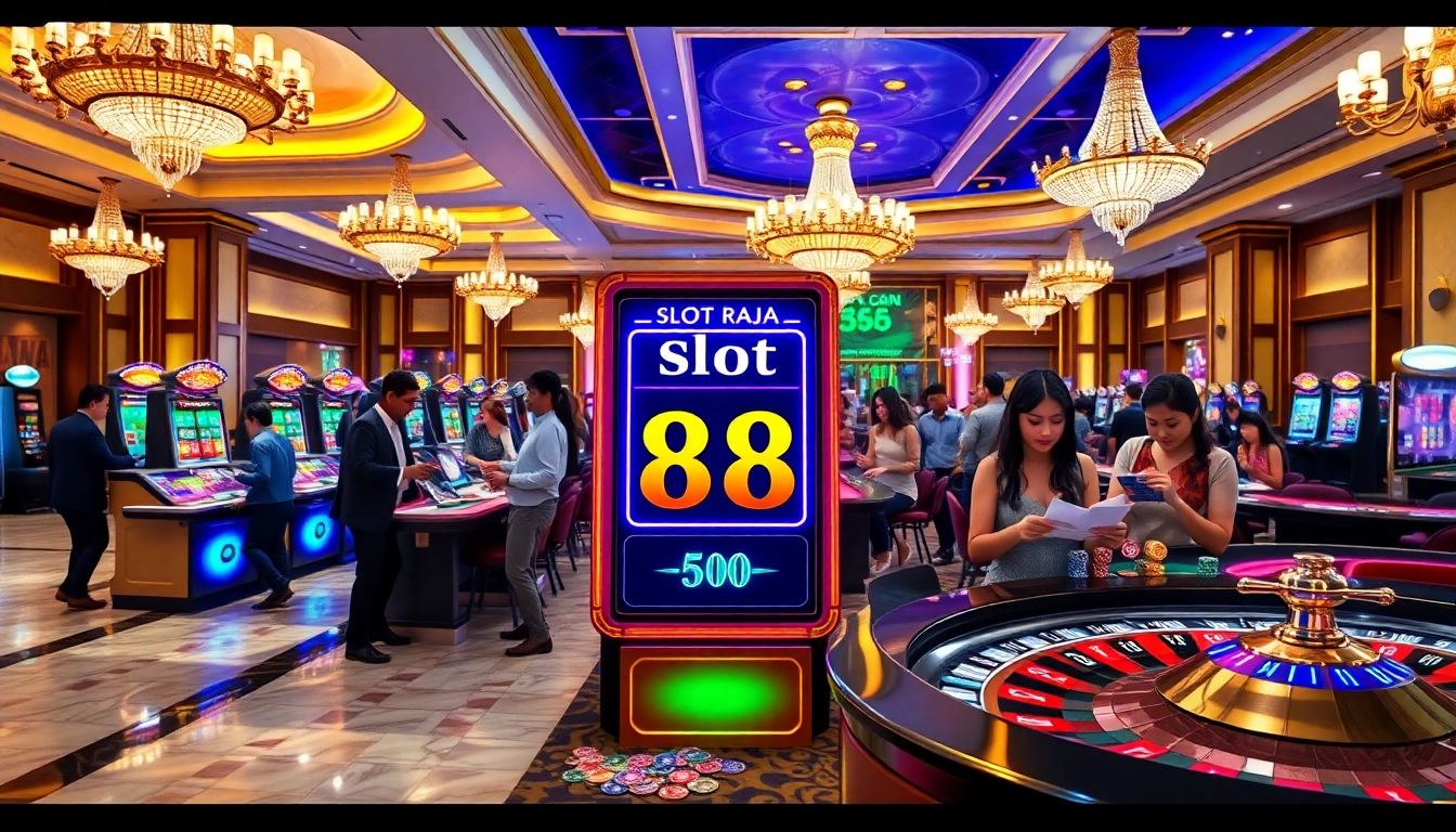 An engaging scene showcasing players at a vibrant casino with the slot api raja 88 machine, illustrating the thrill of slot gaming.