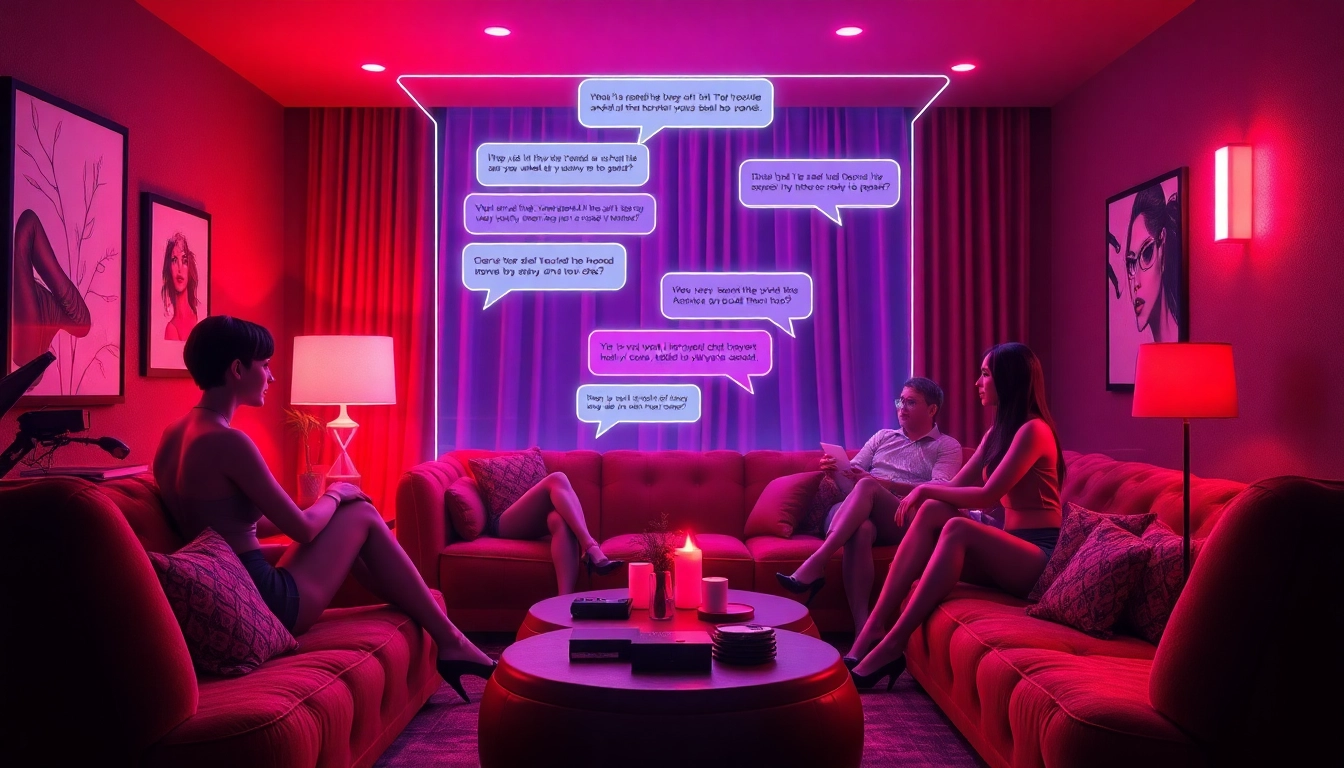 Engaging scene of diverse characters in an ambient-lit virtual chatroom, exploring porn ai chat.
