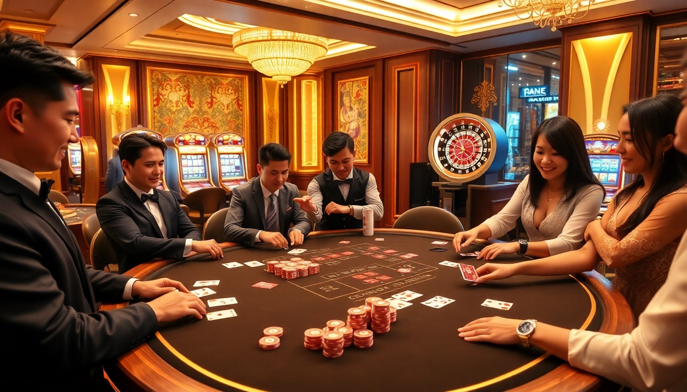 Players engaging in Rồng hổ đại chiến 68gb at an elegant casino table, showcasing excitement and strategy.