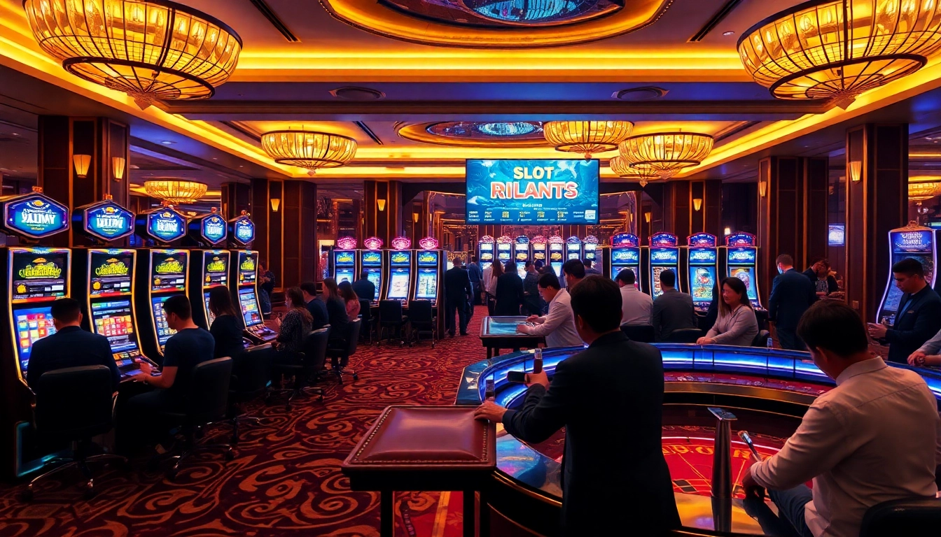 Players engaging with qqmacan slot machines in an upscale casino setting, emphasizing excitement and strategy.