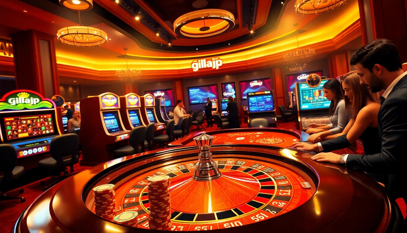 Players enjoying high-stakes games at a luxurious casino, showcasing gilajp betting excitement.