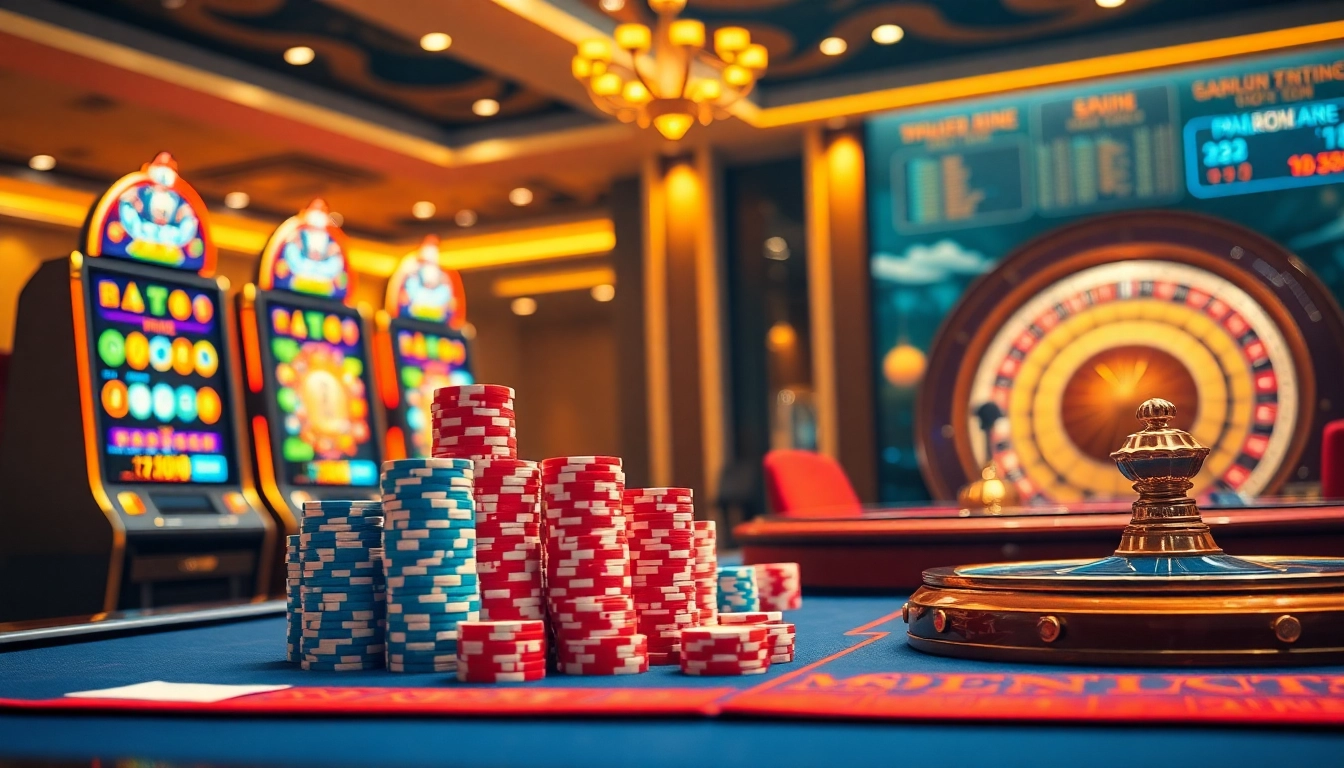 Experience the excitement of pahala4d with vibrant slot machines and a spinning roulette wheel.