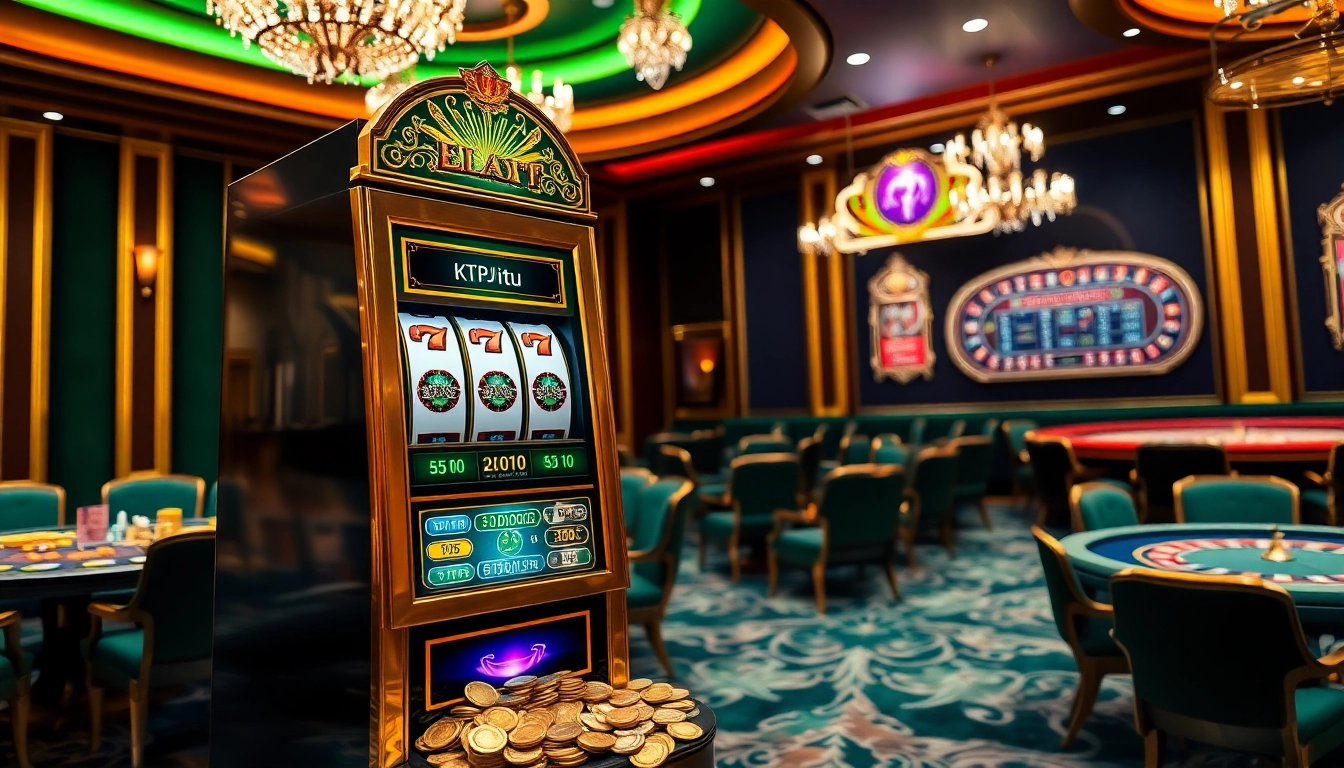 Experience thrilling gameplay on the KTPJiTu slot machine, highlighting vibrant coins and casino luxury.