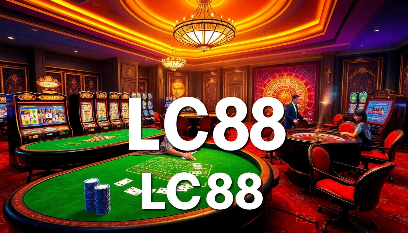 Engage in exciting gameplay at LC88's luxurious casino atmosphere featuring vibrant tables and joyful players.