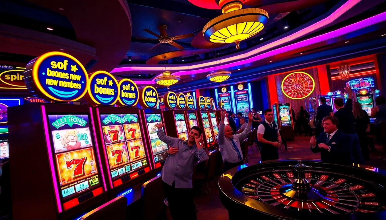 Players celebrating their wins with slot bonus new member 100% in a vibrant casino environment.
